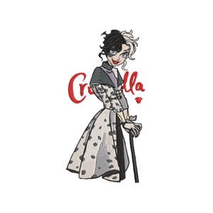 Puede incluir: Una ilustración en blanco y negro de Cruella de Vil, un personaje de la película de Disney 101 Dálmatas. Lleva un vestido con lunares y un abrigo largo, y sostiene un bastón. El texto "Cruella" está escrito en letras rojas sobre ella.