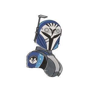 May include: A blue and white helmet with a black visor and a white symbol on the side. The helmet is part of a blue and grey armour suit.