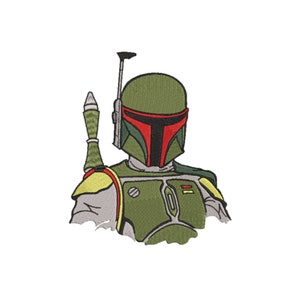 May include: A green and red embroidered patch of a Star Wars character, Boba Fett, with a blaster rifle.
