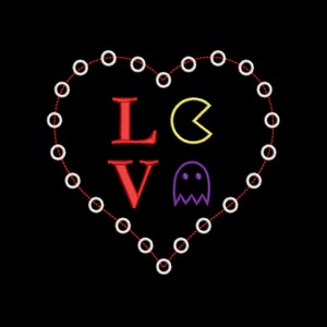 May include: Embroidered design on black fabric featuring a heart shape outlined with white circles and a red dotted line. Inside the heart are the letters "L" and "V" in red, a yellow Pac-Man, and a purple ghost.