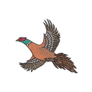May include: A brown and white pheasant with a red head and green neck is flying with its wings spread out.
