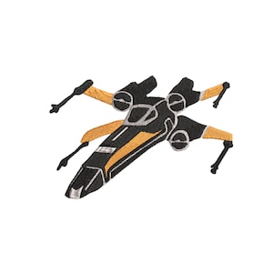 May include: Black and orange embroidered patch of a starfighter spaceship.