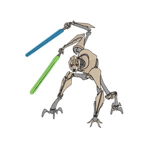 Puede incluir: Un robot beige y gris con dos sables de luz, uno verde y otro azul. El robot está en posición de combate con los brazos levantados y las piernas separadas.