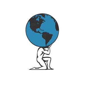 Op de afbeelding: Een zwart-wit illustratie van een knielende figuur die een blauwe wereldbol ondersteunt. De wereldbol toont de continenten. De figuur is gespierd en lijkt de wereld op zijn schouders te dragen.