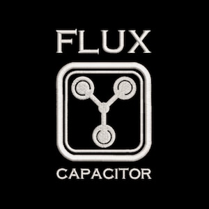 May include: White text on a black background reads "FLUX CAPACITOR". A white outline of a square with a stylized atom inside is centred above the text.
