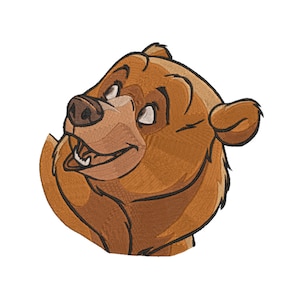 May include: Embroidered patch featuring a smiling brown bear's head with a light brown snout and white teeth. The bear's fur is a textured, medium brown, and the design is outlined in dark brown.