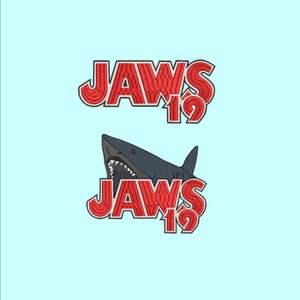 May include: Red embroidered patch with the text "JAWS 19" and a cartoon image of a shark with an open mouth.