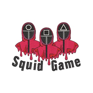 Puede incluir: Tres figuras rojas encapuchadas con diferentes formas geométricas en sus máscaras. Las figuras están goteando una sustancia roja. El texto "Squid Game" está debajo de las figuras.