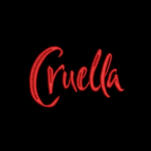May include: Red embroidered text that reads "Cruella" on a black background.