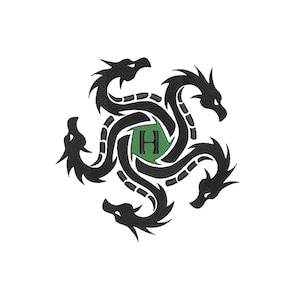 Peut inclure: Conception stylisée noire et verte de quatre dragons entrelacés autour d'un cercle avec la lettre "H" au centre.