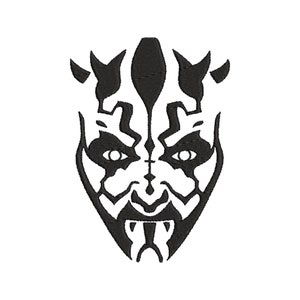 May include: Black and white illustration of a stylized face with horns. The face has a fierce expression with sharp lines and details.