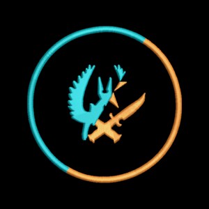 May include: A blue and orange circle containing a stylised image of a bird and a knife. The image is a popular symbol for the video game Counter-Strike: Global Offensive.