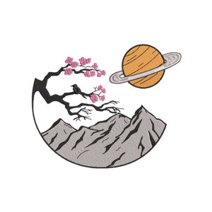 May include: A black and white illustration of a mountain range with a cherry blossom branch and a small bird perched on it. A yellow planet with a ring is in the upper right corner.