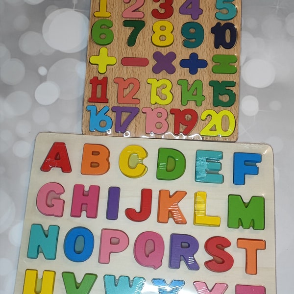 Montessori Holzpuzzle ABC lernen - Vorschule Zahlen und Buchstaben lernen im Set, bunt Holz, Nachhaltig