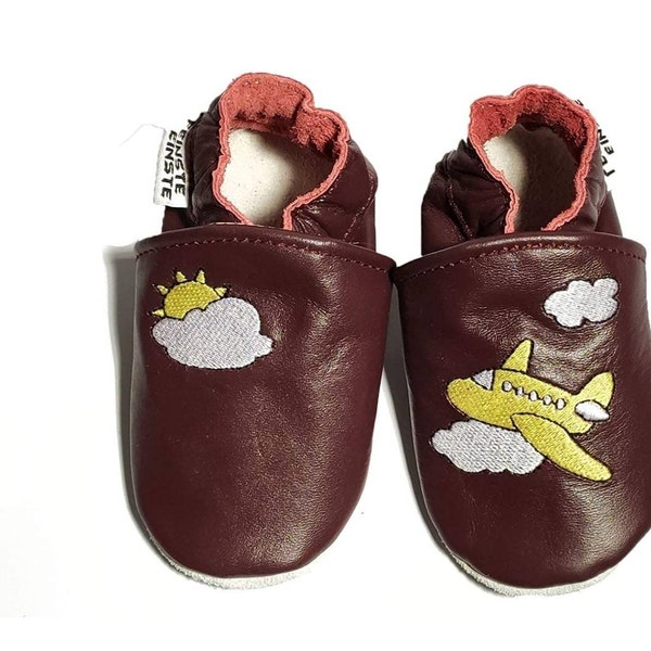 Weiche leichte Baby Kleinkind Lederschuh Krabbelschuhe, Hausschuhe, Lauflernschuhe Flugzeug, Germanwings Look, Wolken, Sonne, 11-24 Monate