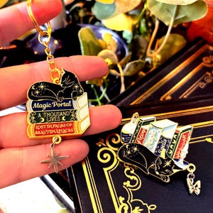 Cat Bookstack Magic Collection. Cat Pin, Keychain, Bookband and Bookmark. Enamel witchy book cat lover merch.
