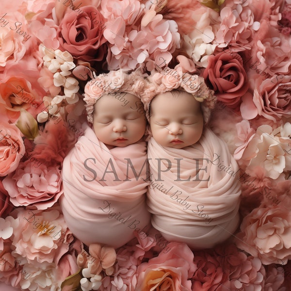 Flowers digital backdrop for Newborn Twins, Face insert, Twin Sisters Digital background, PNG