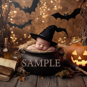 May include: A sleeping baby wearing a black witch hat is lying in a black cauldron. The cauldron is surrounded by fall leaves and a lit jack-o'-lantern. The background is a dark brown with a blurry image of bats and lights.