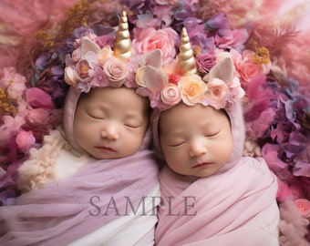 Unicorns digital backdrop for Newborn Twins, Face insert, Twins Digital background (PNG+JPG)