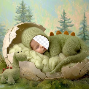Könnte beinhalten: Ein Neugeborenes in einem grünen Dinosaurierkostüm, eingebettet in einer zerbrochenen Eierschale. Das Kostüm hat einen Hut und orangefarbene Stacheln. Ein gestricktes Dinosaurierspielzeug liegt daneben, alles auf einem Bett aus weichem, grünem Material.