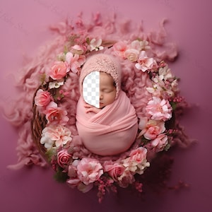 May include: A pink newborn baby girl is sleeping in a basket surrounded by pink flowers. The baby is wrapped in a pink blanket and wearing a pink hat.