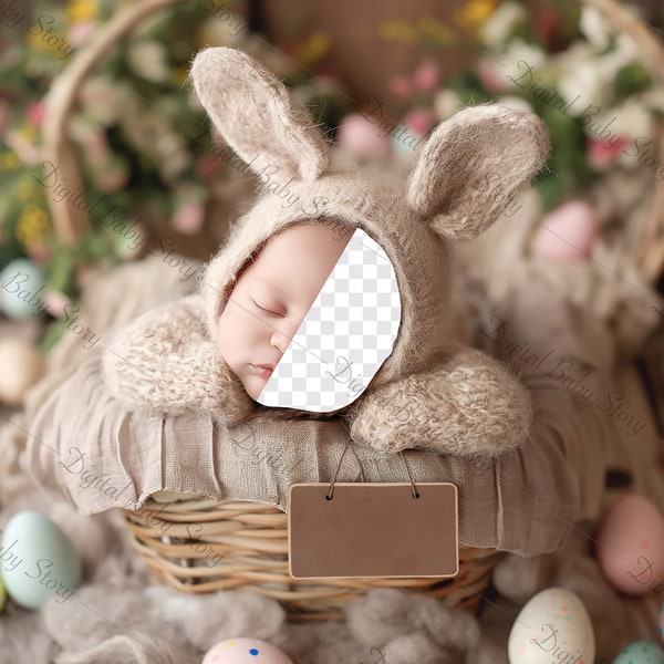 Easter bunny digital backdrop for Newborn, Face insert, Name Sign, PNG+JPG