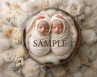 Bunny digital backdrop for Newborn Twins, Face insert, Twin Sisters Digital background, PNG