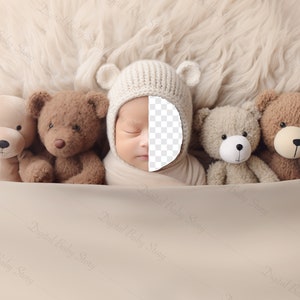 May include: A newborn baby wearing a white knitted hat sleeps surrounded by four teddy bears on a fluffy white blanket. The baby's face is partially obscured by the hat.