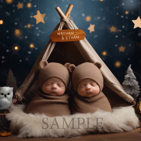 Bears digital backdrop for Newborn Twins, Face insert, Twins Digital background, Camping (PNG+JPG)