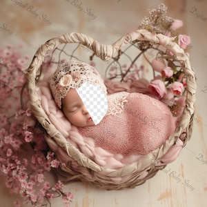 May include: A newborn baby is sleeping in a heart-shaped wicker basket lined with a soft pink blanket. The baby is wearing a white lace bonnet and is surrounded by pink flowers.