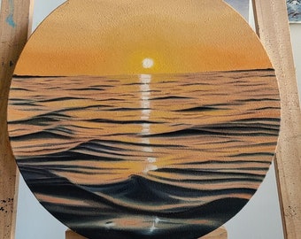 Original oil painting of ocean sunset, small large painting, deep sea painting, deep sea artwork, yellow orange sunset painting