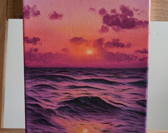 Beach Sunset Painting Original Oil Art, Small Coastal Wall Art, Light Pink Ocean Painting, Beach House Decor, Above Bed Art