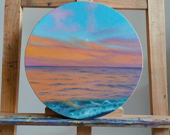 Small Wall Art Original Oil Painting, Pastel Beach Painting Round Canvas, Coastal Decor, Ocean Mini Artwork, Above Bed Art
