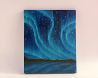 Aurora Wall Art Original Oil Painting, Northern Lights Painting, Starry Night Sky Artwork, Aurora Borealis Art, Small Canvas Art