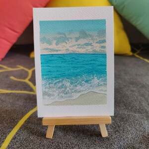 Serene Beach Scene Gouache Painting on Paper – Mini Sunset Ocean Waves Art – Original 4x6 Coastal Wall Decor – Sandy Shore Seaside Artwork