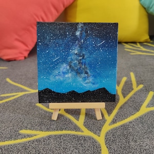 Himmlische Freude: Handgemalte Mini Leinwand mit Sternschnuppen - Original Galaxie Gemälde - Mini Leinwand Malerei - Sternenhimmel