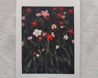 Arte mural botánico original en gouache, mini obra de arte floral de flores silvestres para decoración del hogar natural.