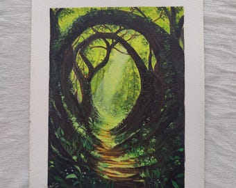 Arte mural de estilo cottagecore con un toque melancólico, obra de arte original, pintura de bosque verde salvia, decoración para rincón de lectura, arte de fantasía encantada.