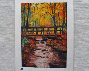 Rustic Fall Decor Cottagecore Wall Art Autumn Forest Bridge Painting, Cozy Cabin Art, Original Painting Gouache Artwork