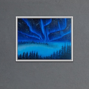Aurora Borealis Painting – Original Northern Lights Wall Art – Snowy Night Landscape on Canvas – Meteor Shower Winter Aurora Decor