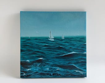 Muurdecoratie met zeilboot, olieverfschilderij van een stormachtige oceaan, nautisch kustkunstwerk, decoratie voor een strandhuis, origineel schilderij