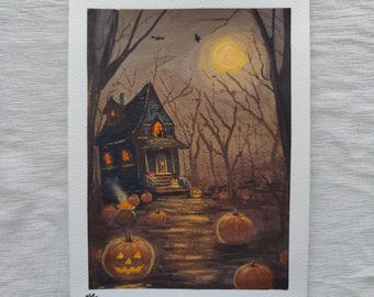 Hexenhafte Wandkunst – Gemälde einer gotischen Hexenhütte – Original-Gouache-Kunstwerk A5 – Kürbis- und Jack-o'-Lantern-Kunst – Gruselige Walddekoration