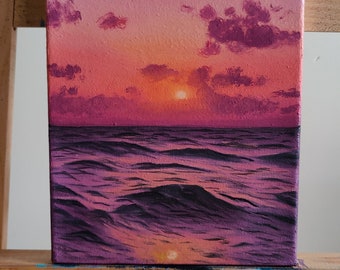 Original oil painting of colorful sunset over ocean, home decor, wall decor, small painting, deep ocean art, deep sea painting, ocean sunset