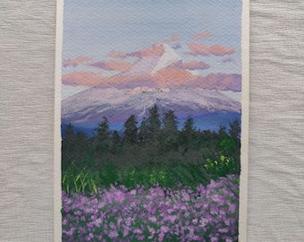 Wildflower Painting, Original Gouache A5, Mountain Painting, Cottagecore Wall Art, Moody Nature Artwork