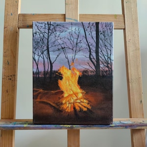 Forest Fire Painting – Original Campfire Art on Small Canvas – Dark Forest Landscape – Firelight Night in the Woods – Camping Wall Decor