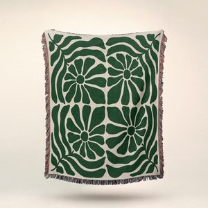 Floral Woven Throw Blanket: Green Nature Tapestry, 100% Cotton