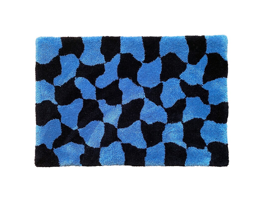 Wavy Blue and Black Checkered Rug Hand Tufted Rug Primary Backing Fabric Handmade Tufting Small