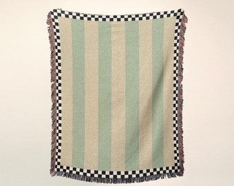 Green Cream Stripes, Black and White Checkered Print Throw Blanket - Wall Tapestry - Home Decor - Wall Art - Gifts for Him - Gifts for Her