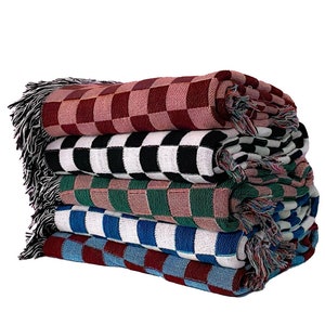 Checkered Woven Print Throw Blanket - Black and White - Green and Pink - Picnic Blanket - Wall Tapestry - Wall Hanging - Area Rug - Kids