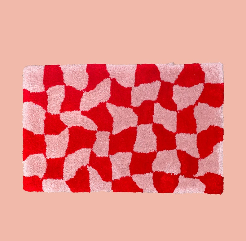 Wavy Red Checkered Rug Hand Tufted Rug Primary Backing Fabric Handmade Tufting Small Living Room Rug Decor Interior Design 2'x3'